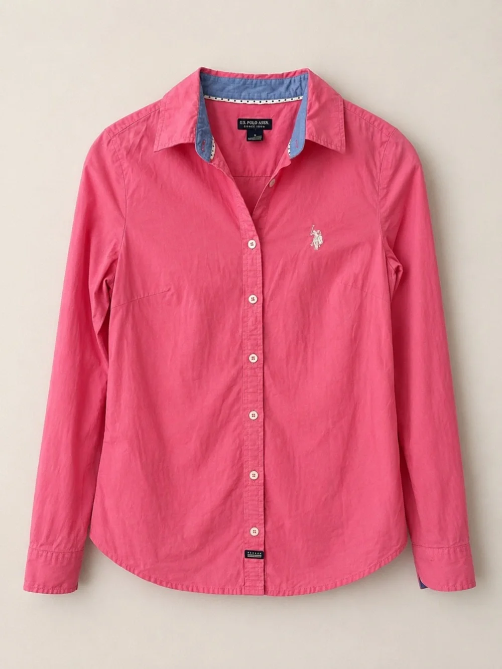 U.S. Polo Assn. Pink Button Front Shirt Small | Contrast Blue Collar | Cotton